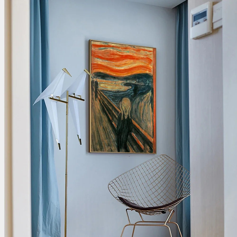 tableau abstrait the scream peinture huile lignes ondulées deco maison mur vertical orange noir