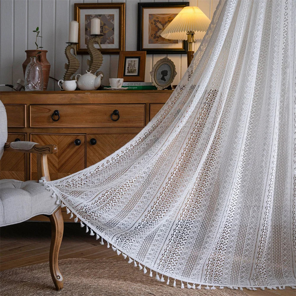 rideau dentelle fine blanc motif géométrique translucide classique romantique tassellets chambre salon