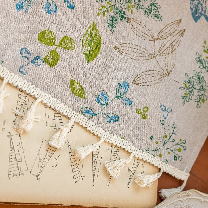 rideau cuisine polyester feuilles fleurs tissé beige vert bleu blanc opacité classique rustique tassels