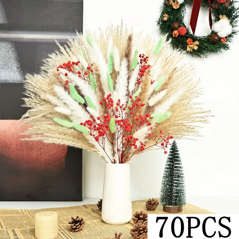 bouquet fleurs séchées naturel blanc beige vert rouge feuilles plumes vase blanc décoration maison