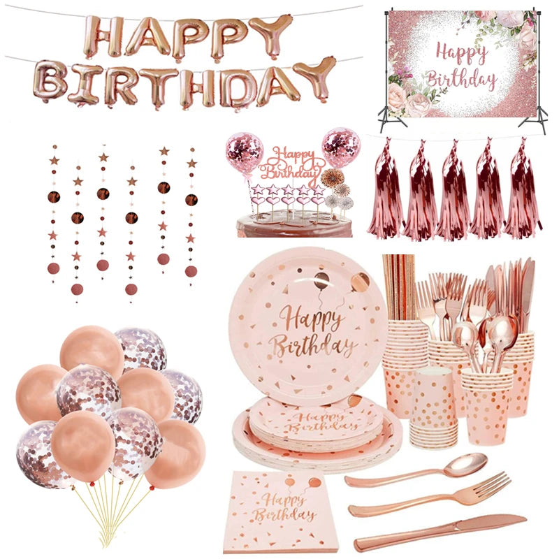 ensemble décoration anniversaire rose doré assiettes gobelets serviettes ballons guirlande toile fond