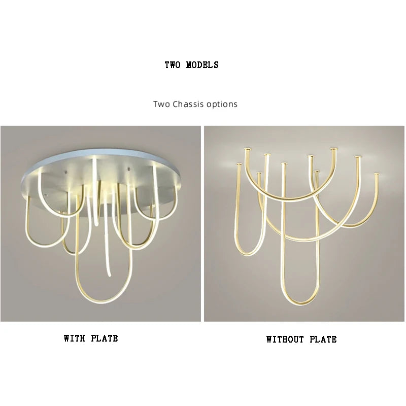 lustre moderne blanc doré courbes élancées contemporain sans plaque télécommande lumière led