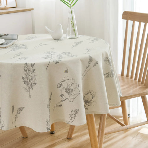 nappe ronde fleurs feuilles stylisées beige gris opaque réutilisable extérieur mariage rustic naturel