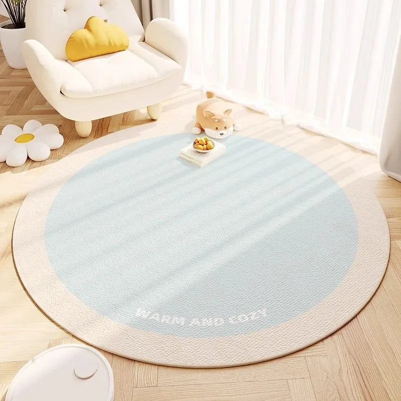 tapis rond moderne rayures horizontales bleu clair jaune clair beige vert clair polyester anti