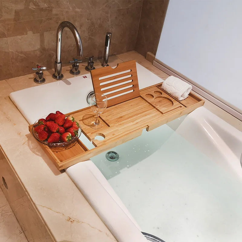baignoire plateau bois clair fruits fleurs relaxante spa produits beauté adjustable