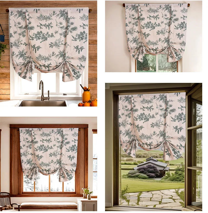 rideau imprimé végétal branches feuilles beige clair vert classique rustique fixations bois
