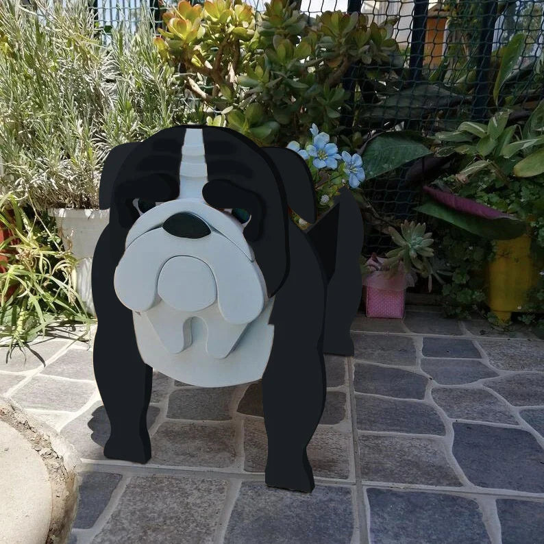 cache pot chien forme cartoon blanc beige marron noir rose vert détails visage plante