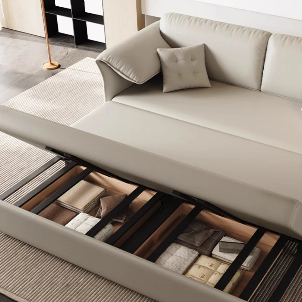canapé lit moderne bois tissus composites beige clair oreillers multifonctionnel salon maison