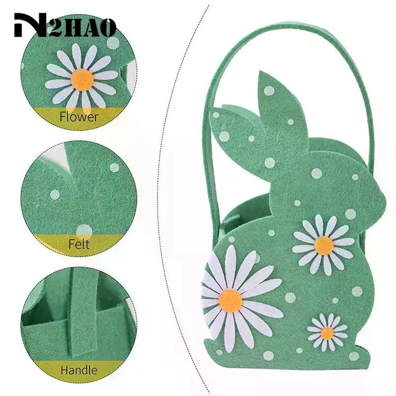 sac main forme lapin fleurs blanches taches noires couleurs vert rose bleu jaune pâques