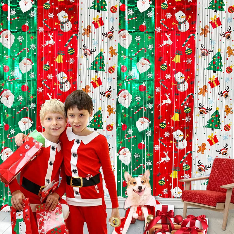 rideau franges décoration noël vert rouge motifs festifs semi transparent 1x2m