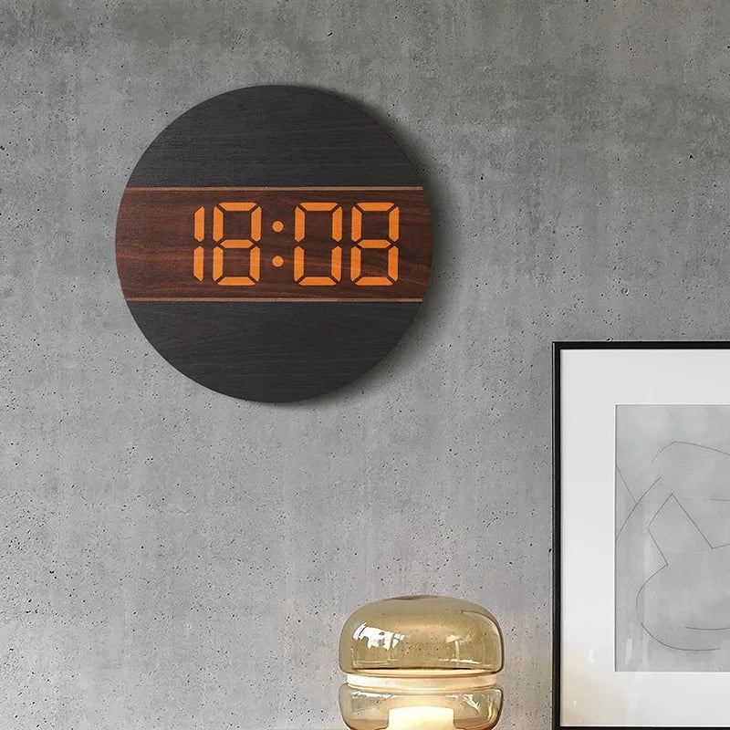 horloge murale led ronde bois naturel affichage numérique date moderne sans tic tac salon