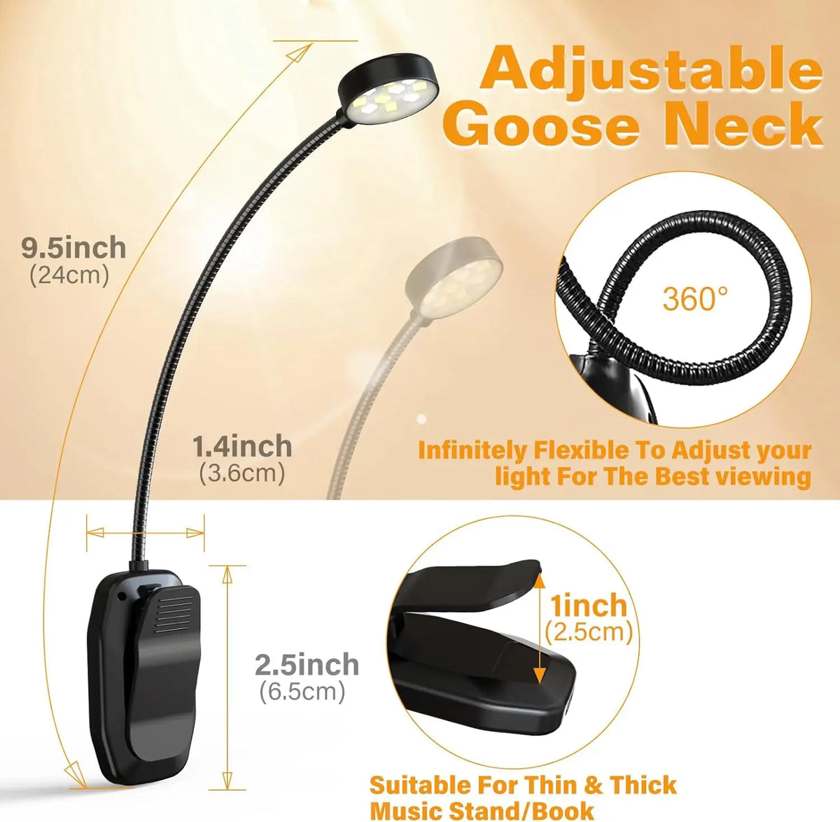 lampe lecture pince rechargeable led noir flexible moderne lumière usb portable