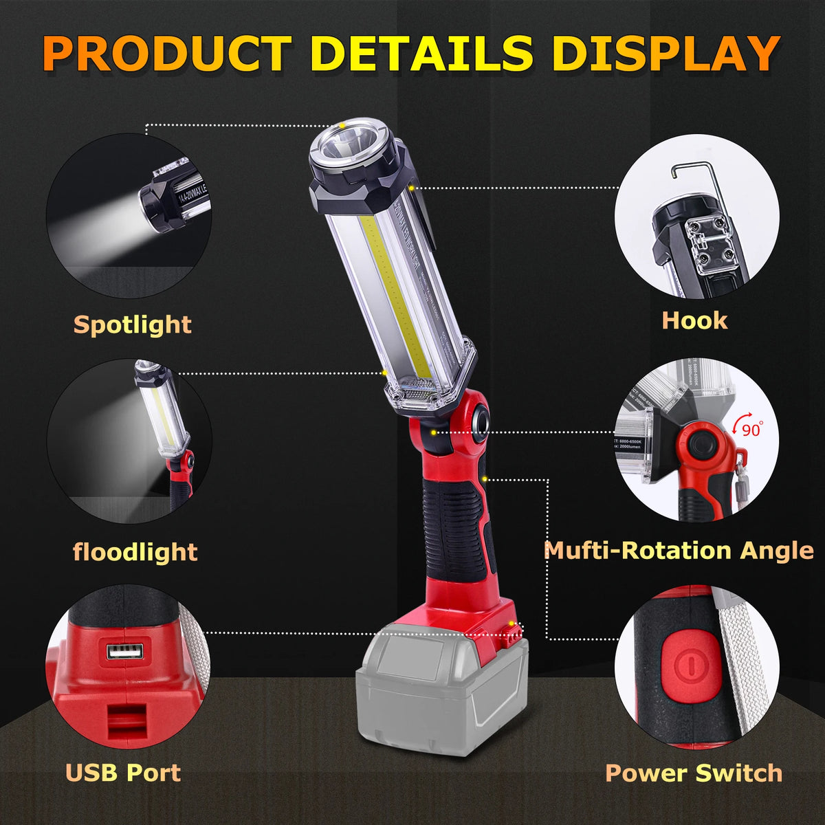 lampe torche led rouge noire port usb modes floodlight spotlight moderne pratique