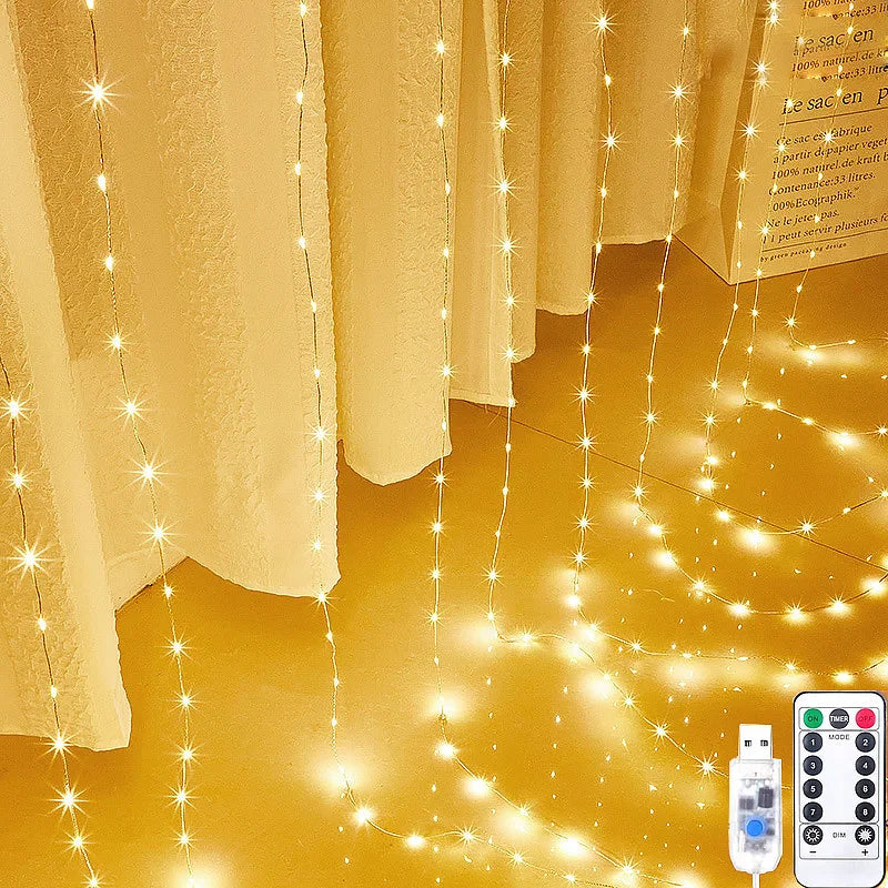 rideau lumineux led blanc doré moderne transparent télécommande usb adaptable noël ramadan nouvel an