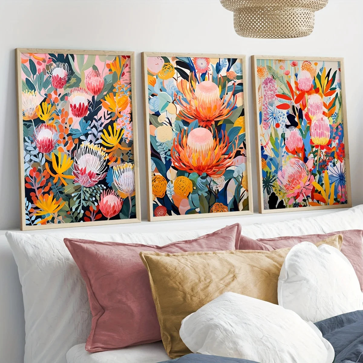 tableau toile fleurs exotiques abstraites cadre bois décoration murale moderne salon couleur vive