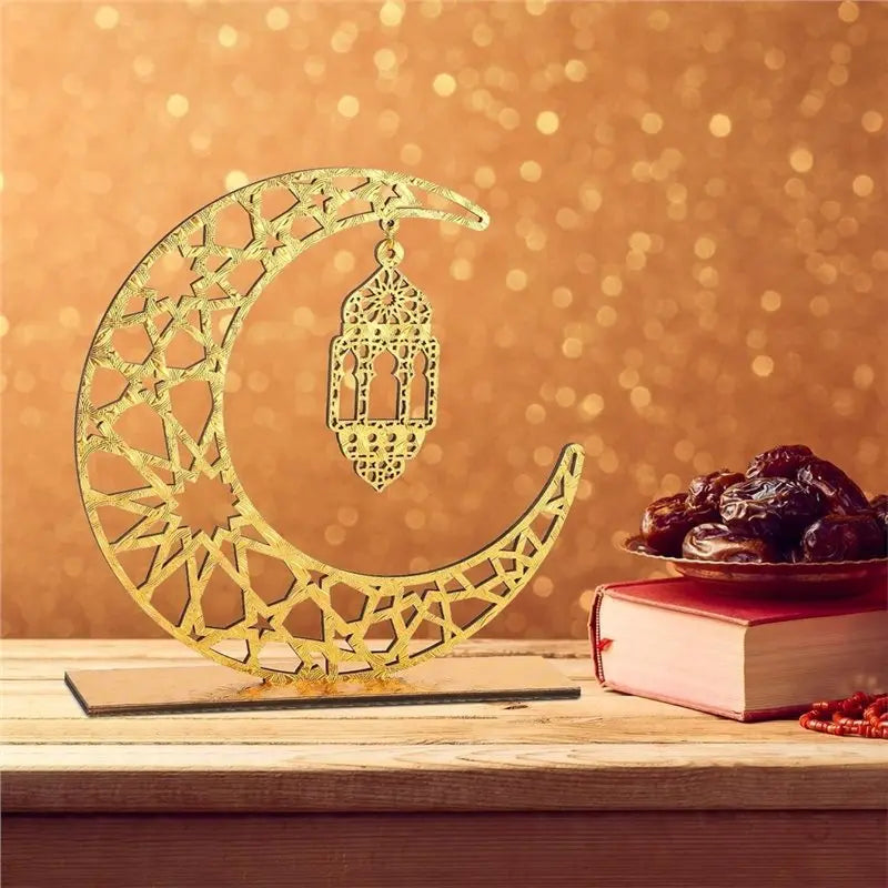 décoration islamique moderne lampe croissant doré ornements géométriques artisanat ramadan aïd al fitr