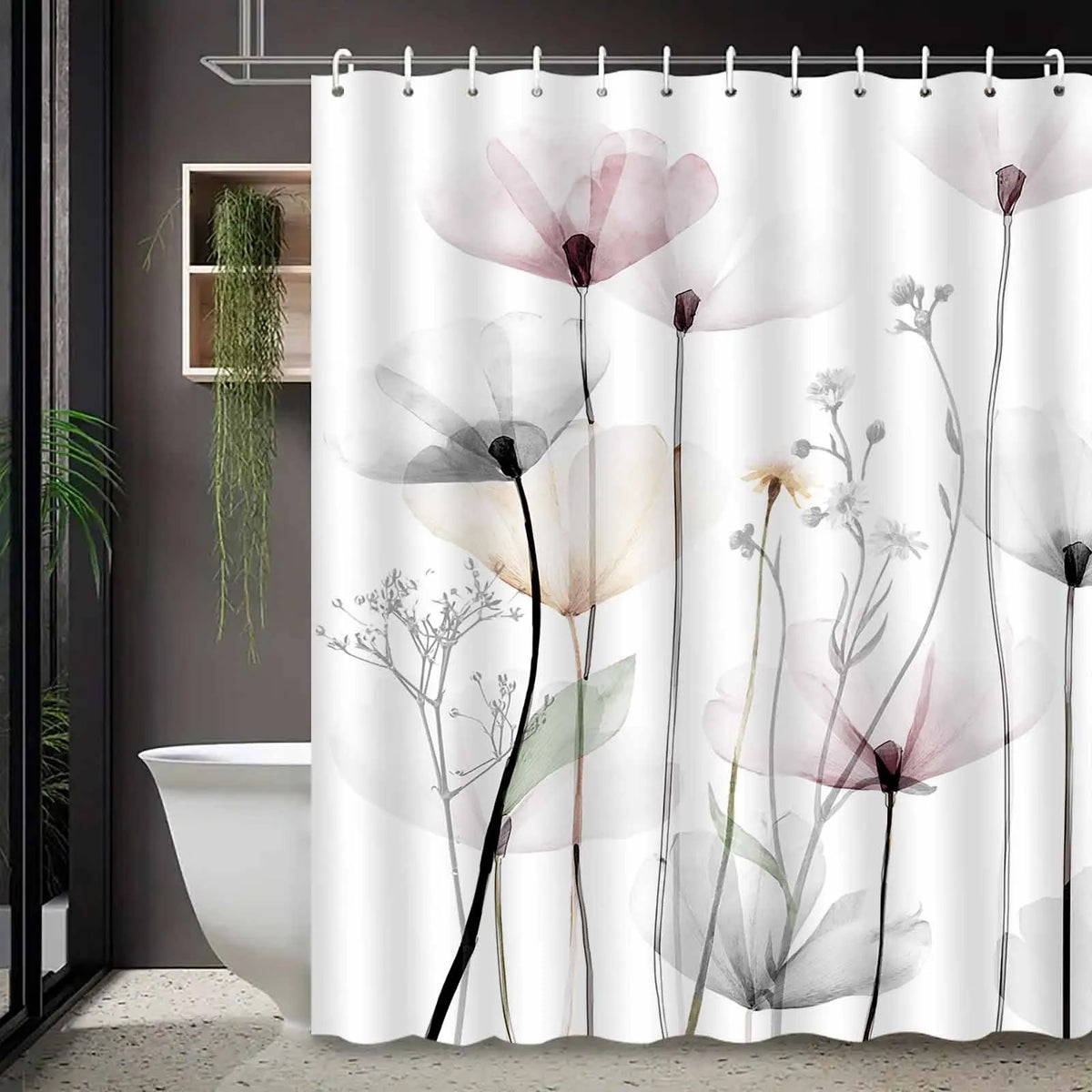 rideau douche polyester moderne fleurs stylisées feuilles pastel washable élégant