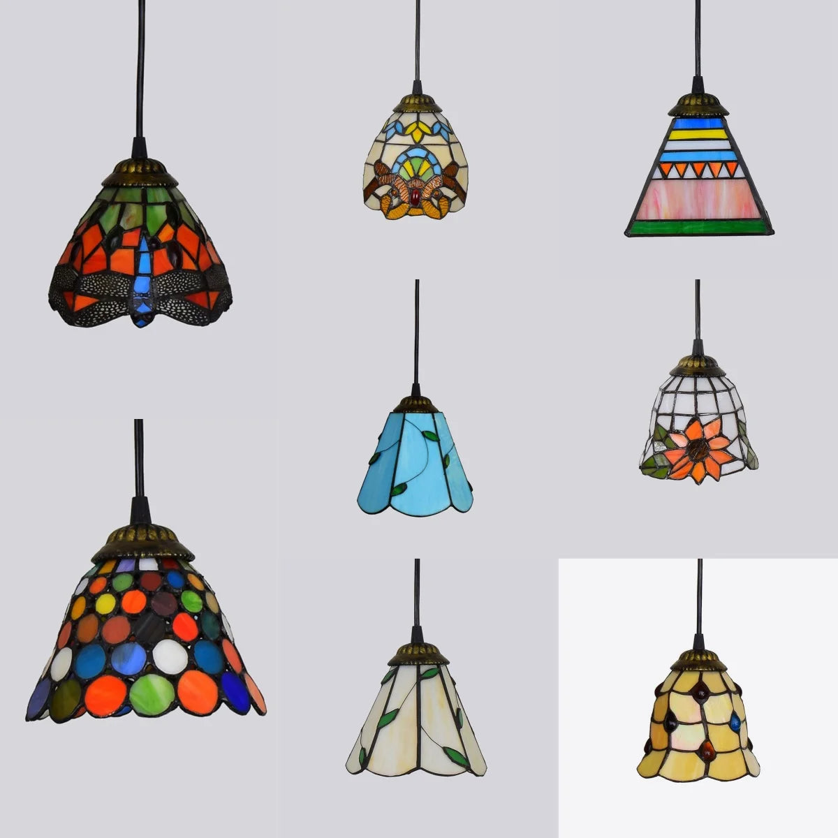 lampe suspendue tiffany multicolore motifs floraux stained glass couloir restaurant étude balcon