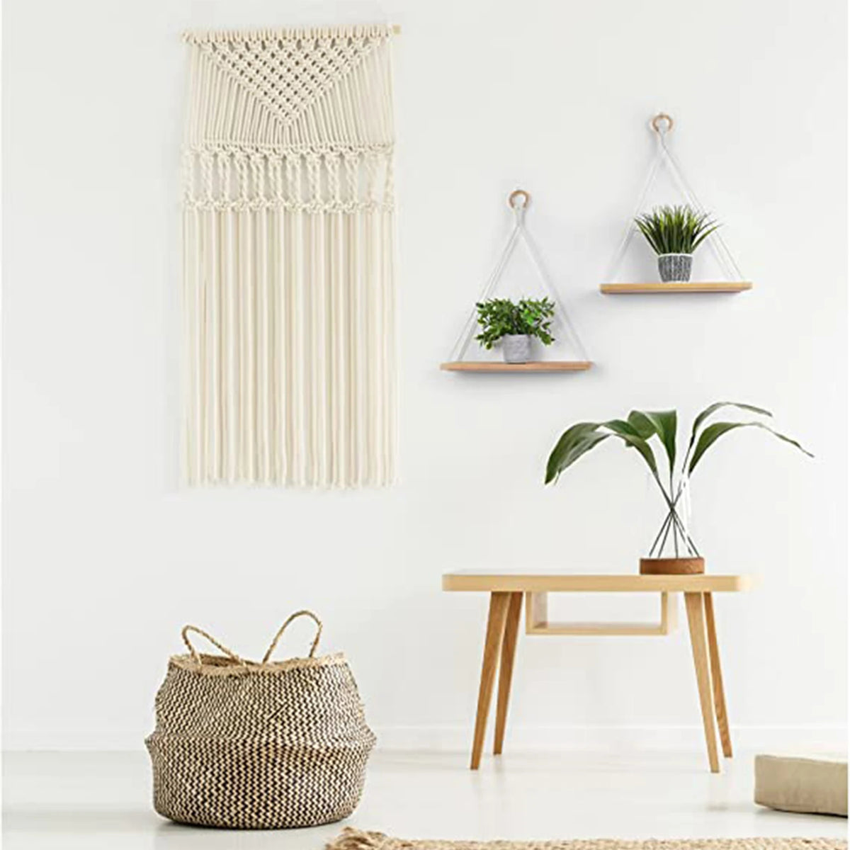 étagère suspendue macramé bois naturel minimaliste boho chic anneau métal plantes