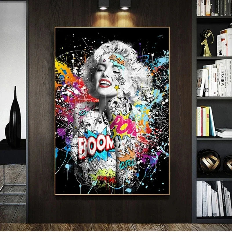 tableau contemporain pop art abstrait éclaboussures peinture noir blanc multicolore toile sans cadre horizontal