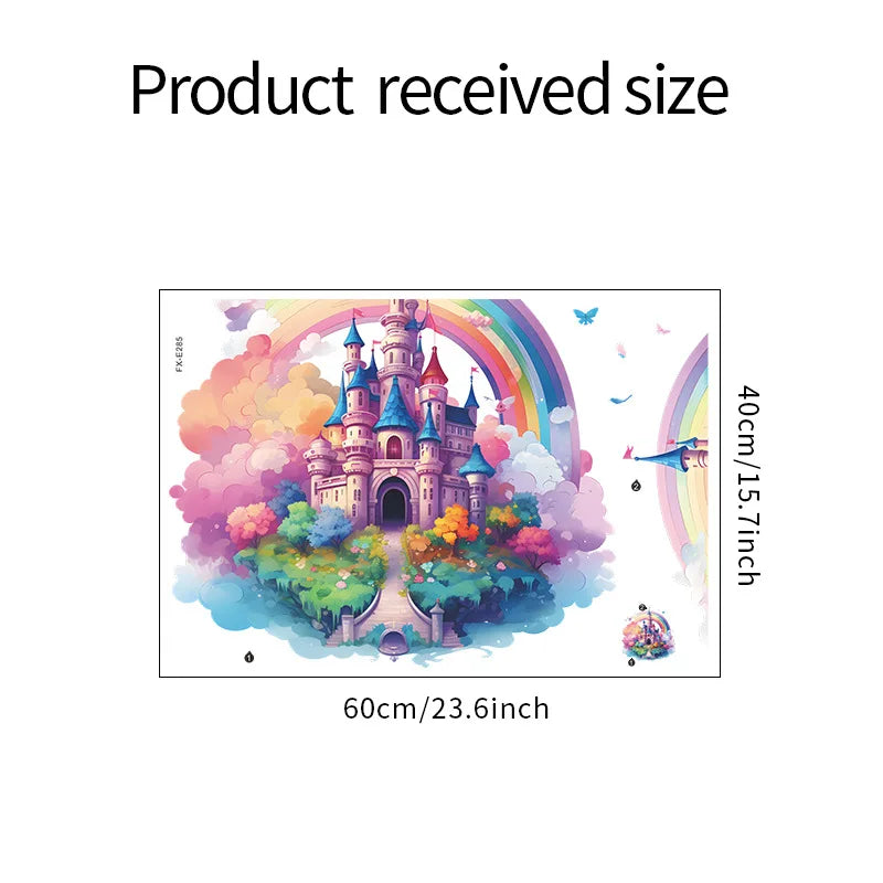 autocollant mural château arc ciel nuages forêt enfant fantaisie multicolore adhésif