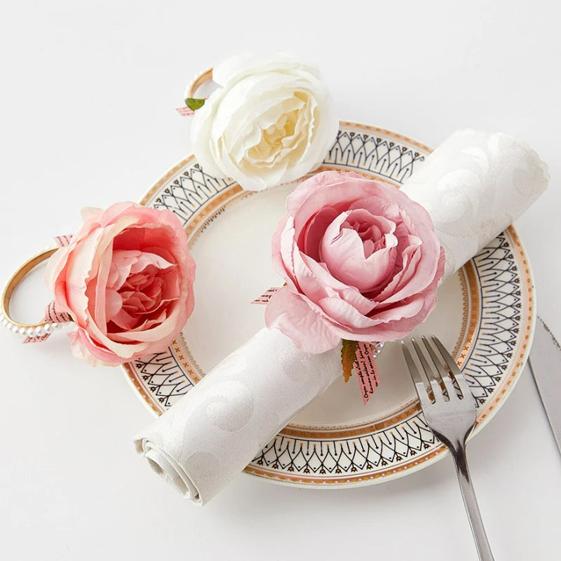 porte serviettes anneaux florals rose blanc rubans pois romantique restaurant decoration mariage opaques artificiels
