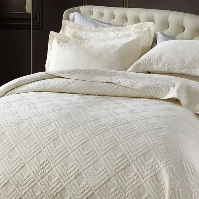 couvre lit 100% coton matelassé motif géométrique relief blanc crème classique 230x250cm 250x270cm oreillers