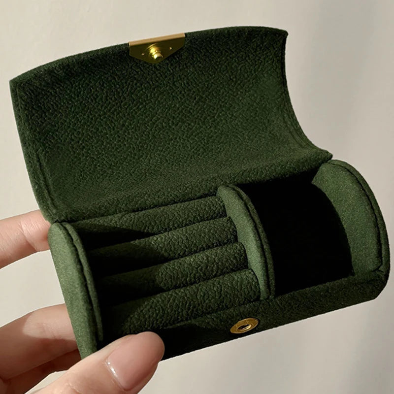 boîte bijoux velours gris vert rose classique boutons pression rangement portable