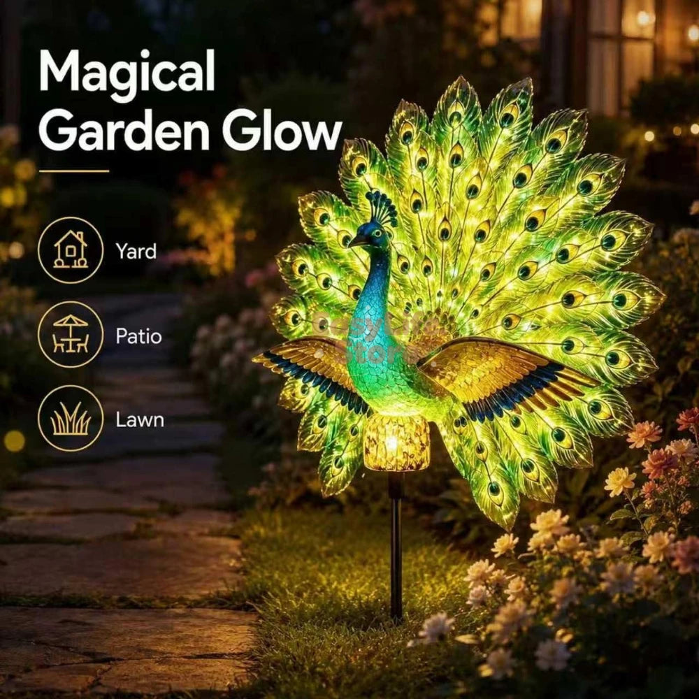 décoration jardin paon plumes bleu vert or lumière LED mouvement auto étancheextérieur féerique