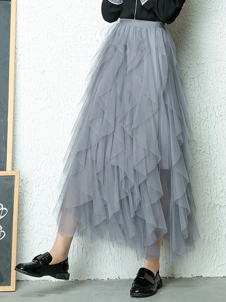 jupe féminine tulle élégante bleu clair noir rose pâle translucide plissée haute élasticité coton