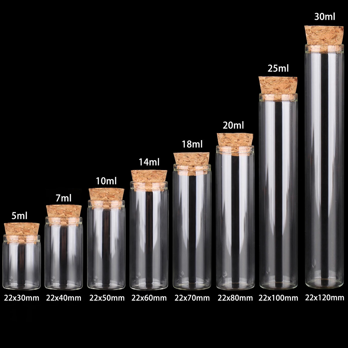 tubes essai verre bouchons liège 5ml 7ml 10ml 14ml 18ml 20ml 25ml 30ml