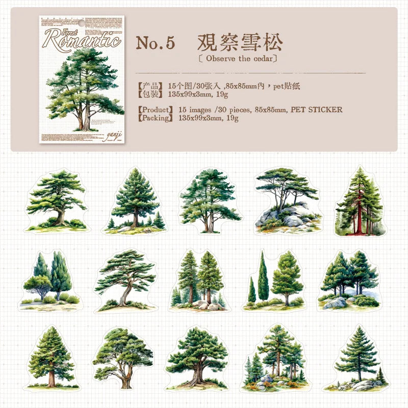 sticker illustration arbres divers couleurs feuillage adhésif album photo créatif vert rose blanc