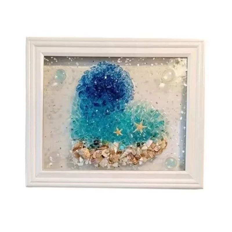 tableau decoratif diy mosaïque coquillages étoiles mer art marin bleu blanc doré