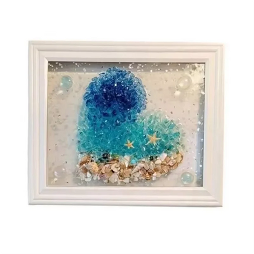 tableau decoratif diy mosaïque coquillages étoiles mer art marin bleu blanc doré