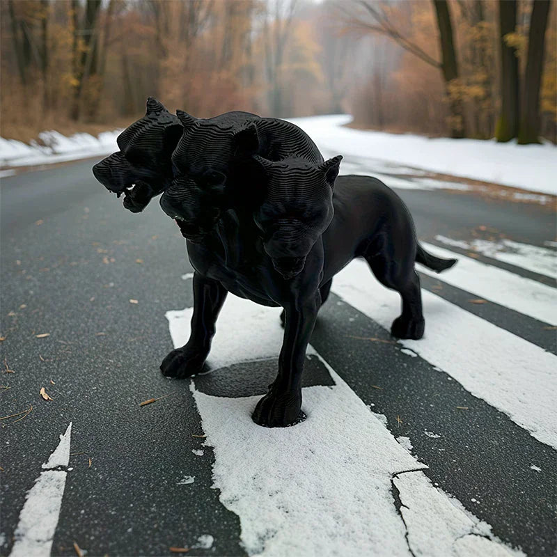 figurine chien trois têtes cerbère noir texturé 3d mythologique fantastique décoration maison
