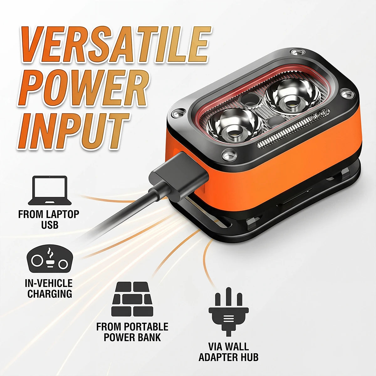 lampe frontale led rechargeable usb orange noir bande ajustable haute luminosité modes lumiere signalisation