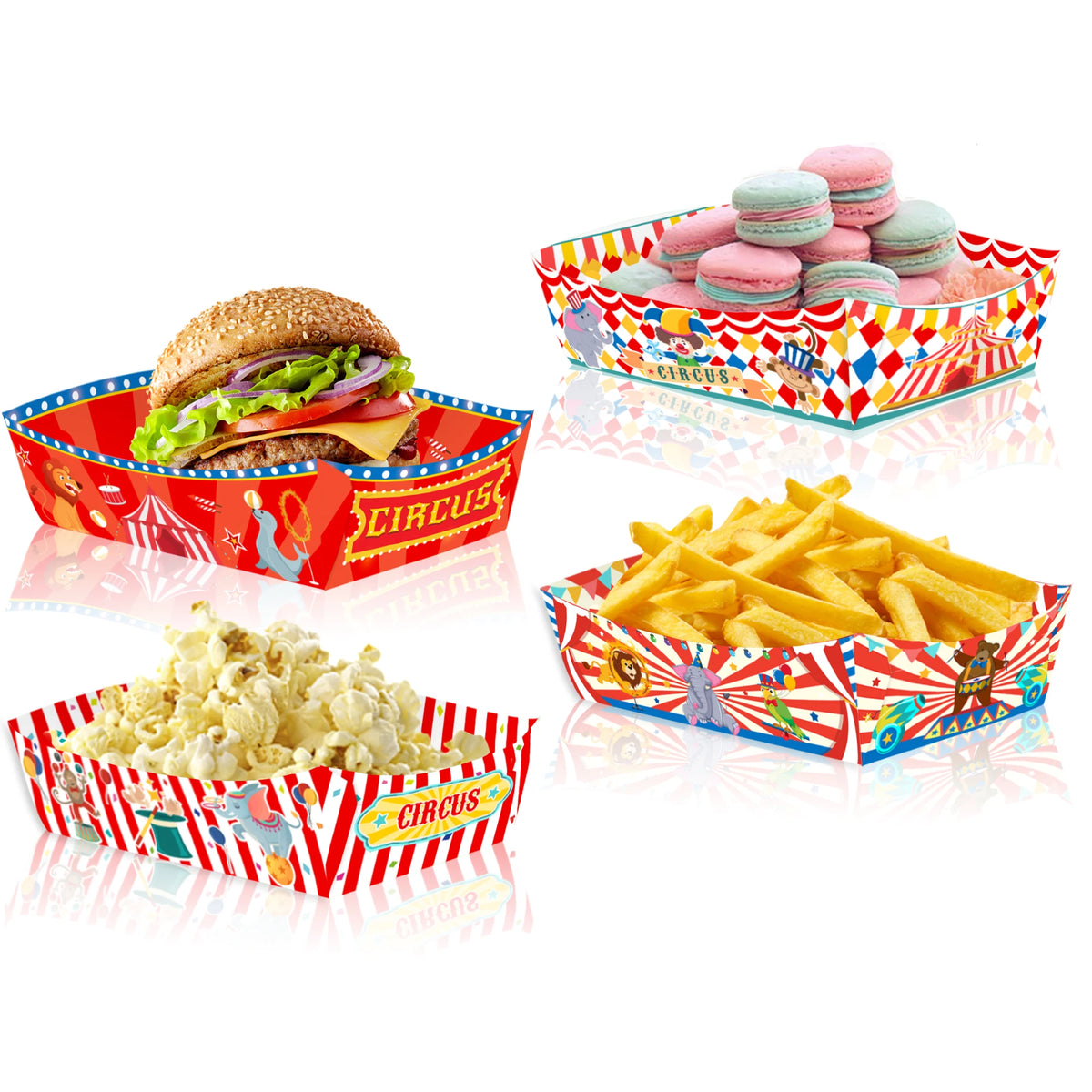 plateaux repas fête anniversaire enfants boîtes papier rouge blanc bleu vert jaune motifs cirque
