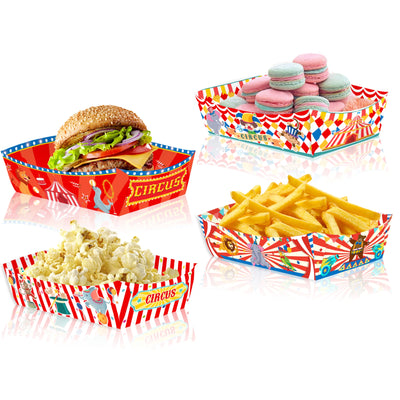 plateaux repas fête anniversaire enfants boîtes papier rouge blanc bleu vert jaune motifs cirque
