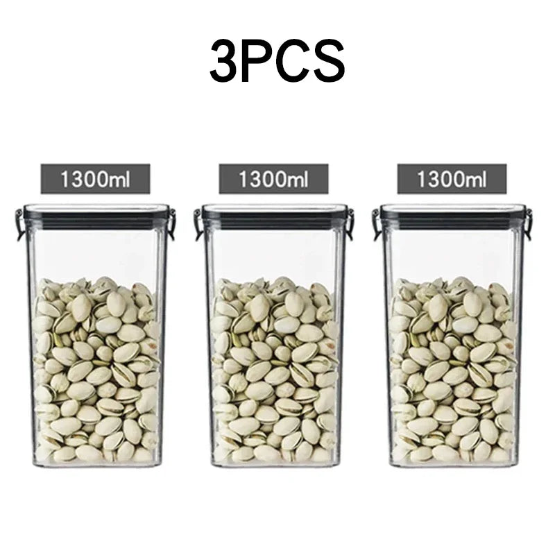 boîtes rangement alimentaire transparentes poignées noires multiple tailles réutilisables modernes pratiques épices pâtes graines
