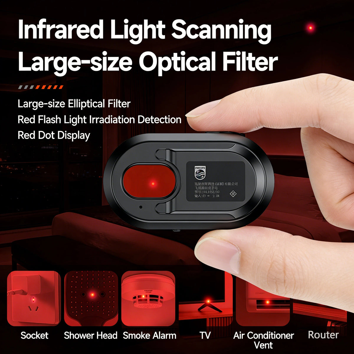 lampe torche détecteur espion noir moderne compact 200 500 mètres éclairage ABS matériaux sécurité