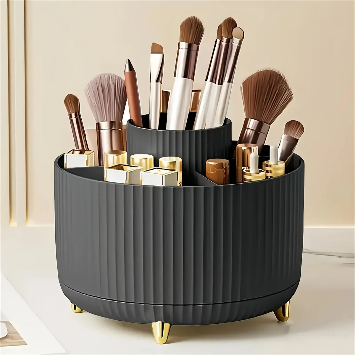 organisateur maquillage rotatif blanc rayures verticales moderne pieds dorés compartiments pinceaux crayons lèvres soins