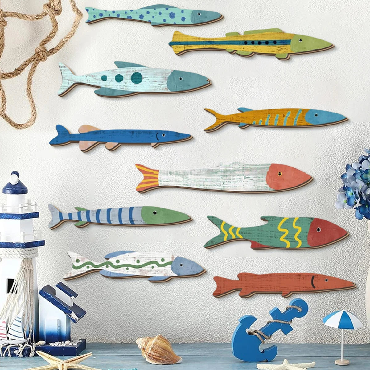 décorations murales poissons bois colorées marin rustique vintage éclaboussures océan charme maison thuyền gỗ