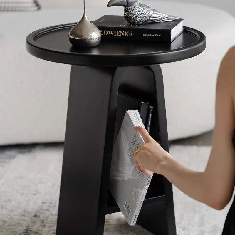 table d'appoint moderne minimaliste bois ronde hauteur 56cm diamètre 41cm noir blanc pink