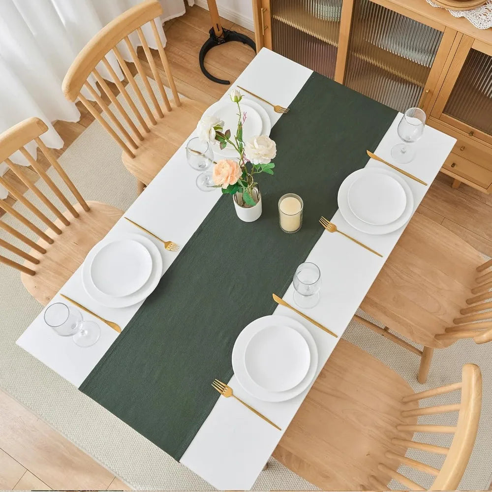 table cuisine chemin table vert foncé blanc classique rustique lavable réutilisable pâques noëlalloween valentin