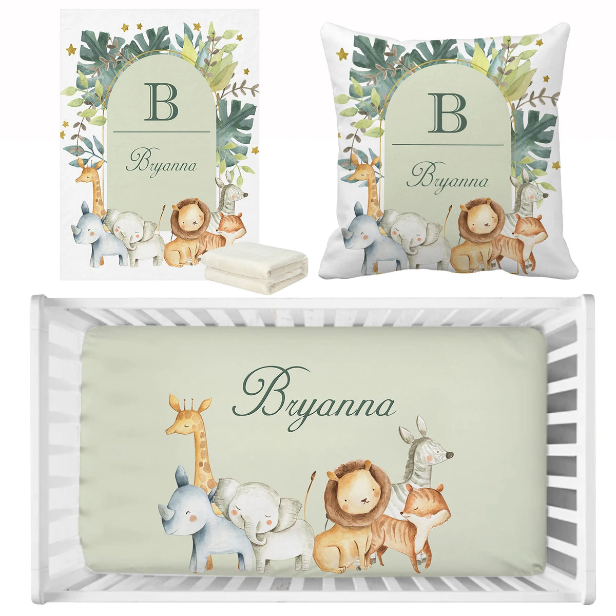 Parure de lit bébé animaux jungle vert avec nom personnalisé