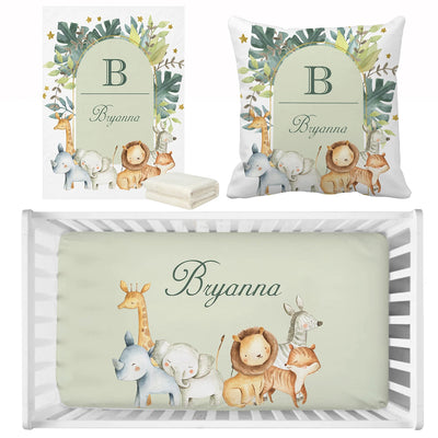 Parure de lit bébé animaux jungle vert avec nom personnalisé
