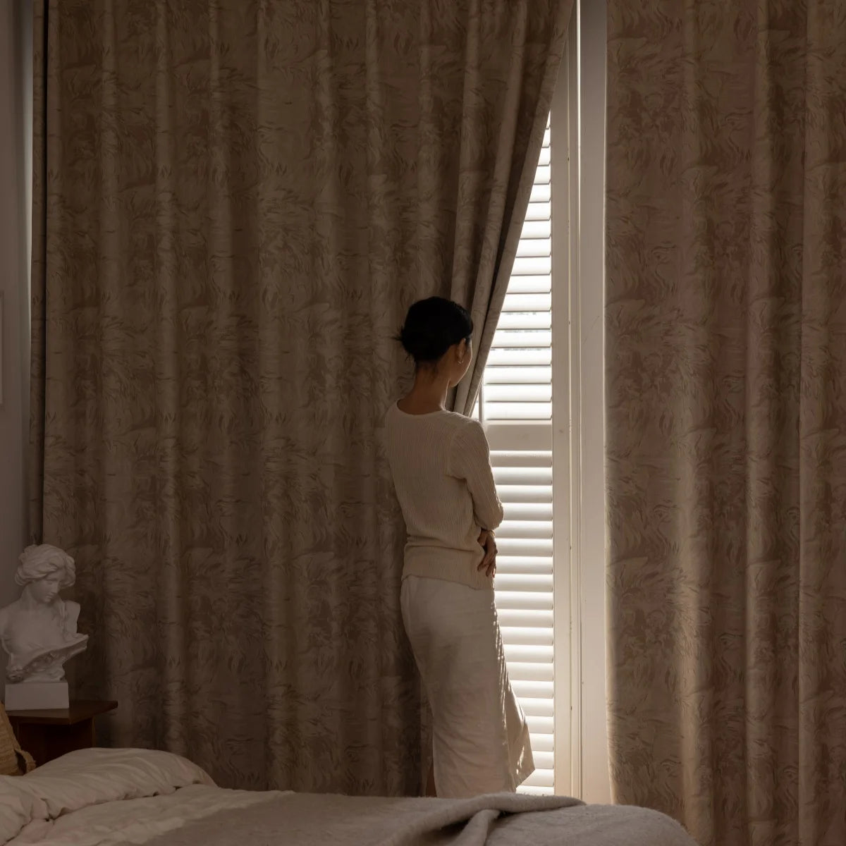 rideau fenêtre classique polyester effet marbre beige opacité totale élégant