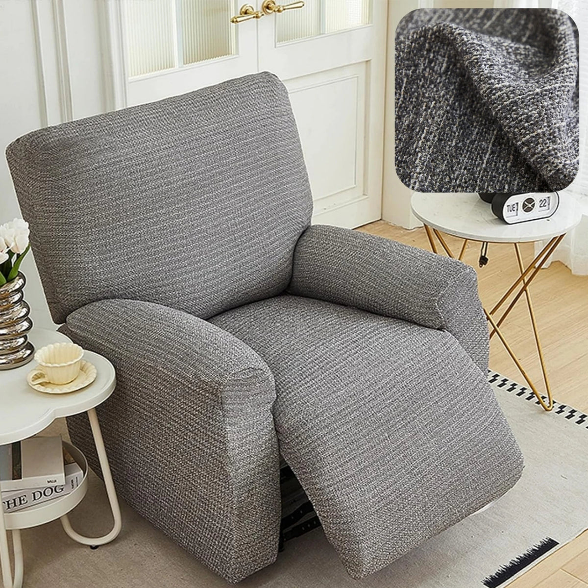 housse fauteuil inclinable beige clair tissu petits points noirs protection siège salon moderne extensible