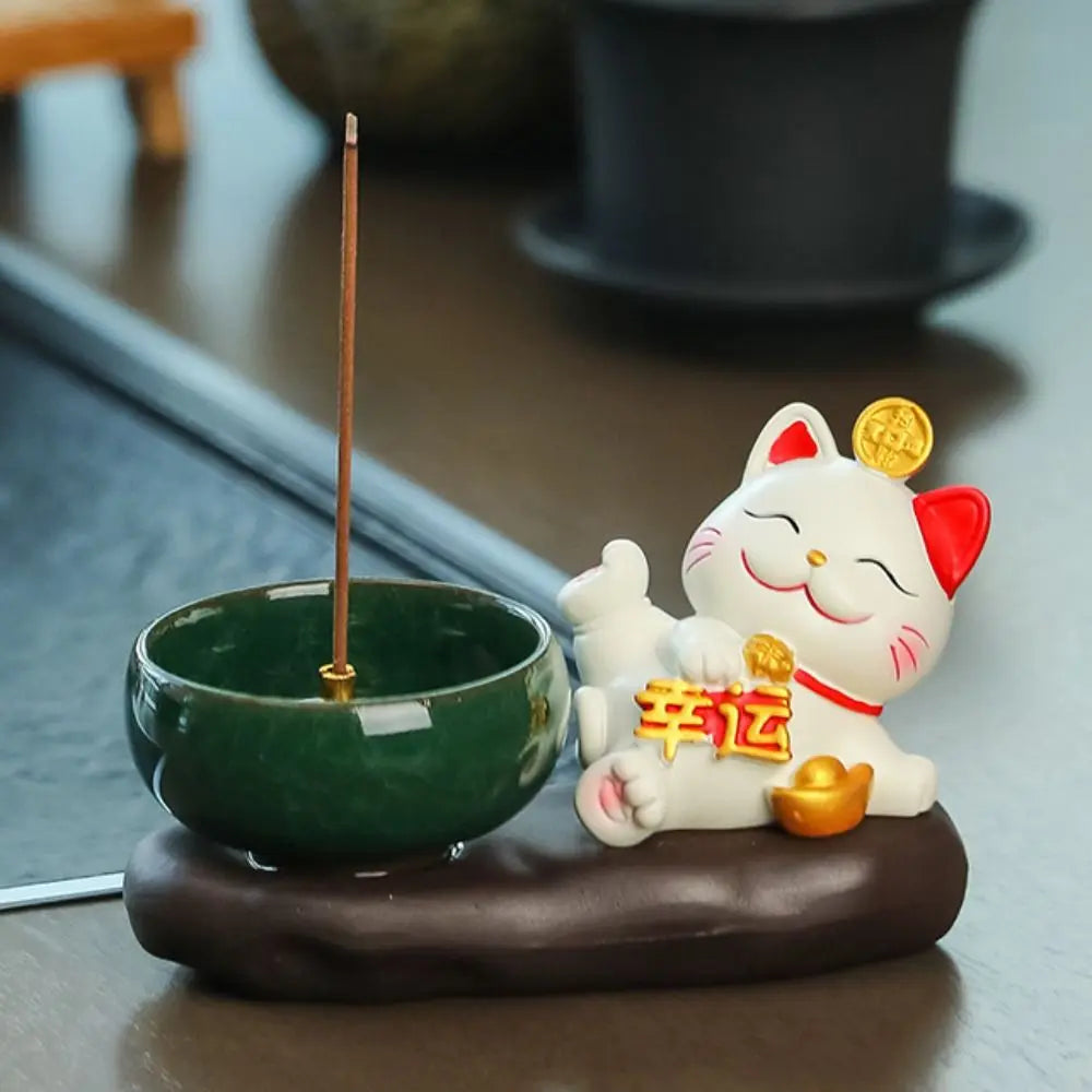bougeoir statuette chat porte bonheur motifs chinois traditionnels vert blanc rouge doré artisanal