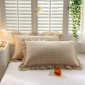 lot taies d'oreiller coton blanc vert vichy volants vintage cottagecore chambre fille